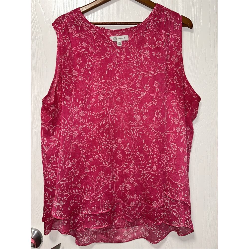 Christina B Size XXL Sleeveless Pink Floral Split-Neck Top Sheer Layered Chiffon
